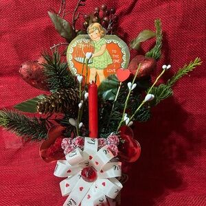 Charming VALENTINES DAY Assemblage in Cabbage Rose Milk Glass Hearts Greenery